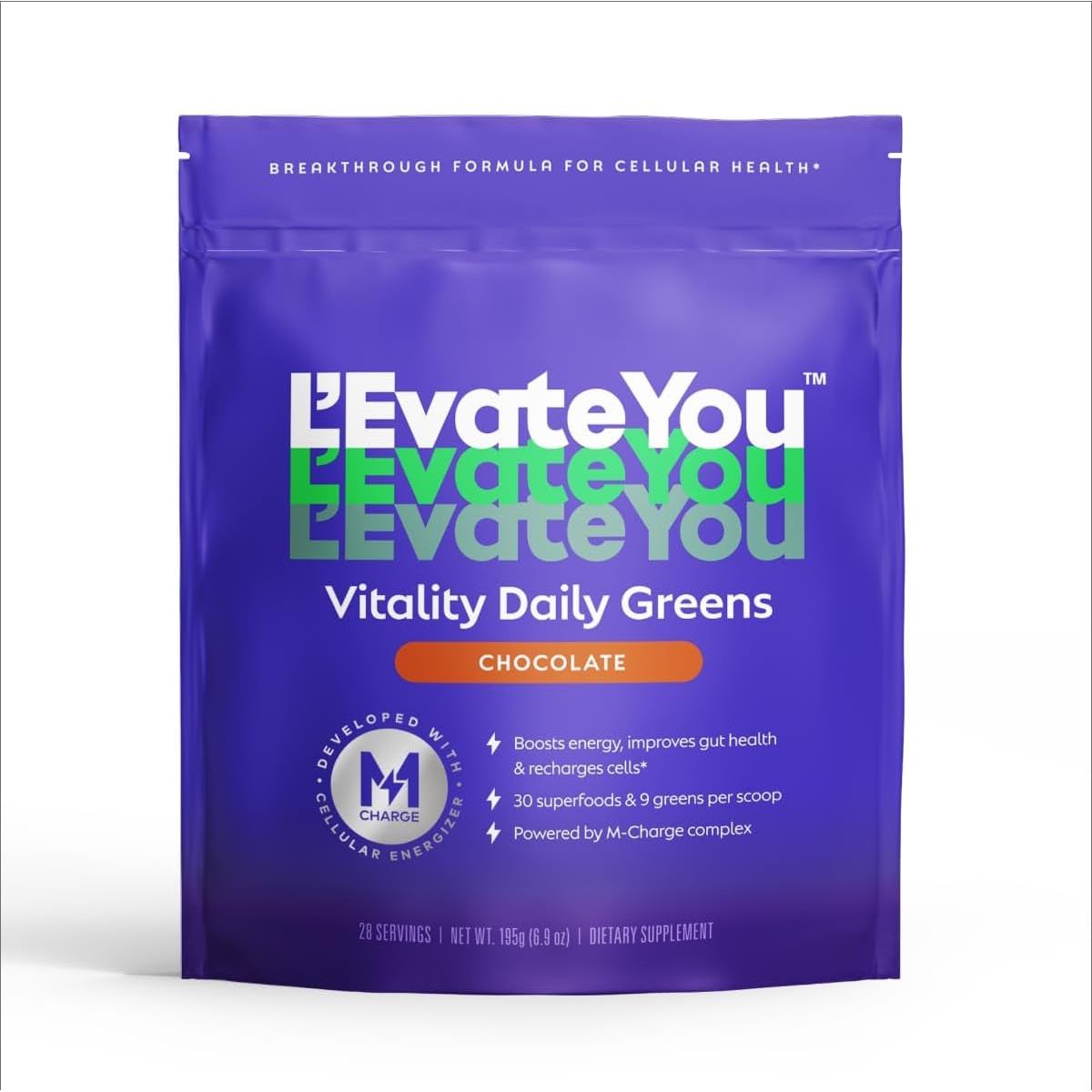 L'Evate You Vitality Daily Greens Powder 30 Superfoods, 9 Greens - for a Cellular Energy Boost (28 Servings)