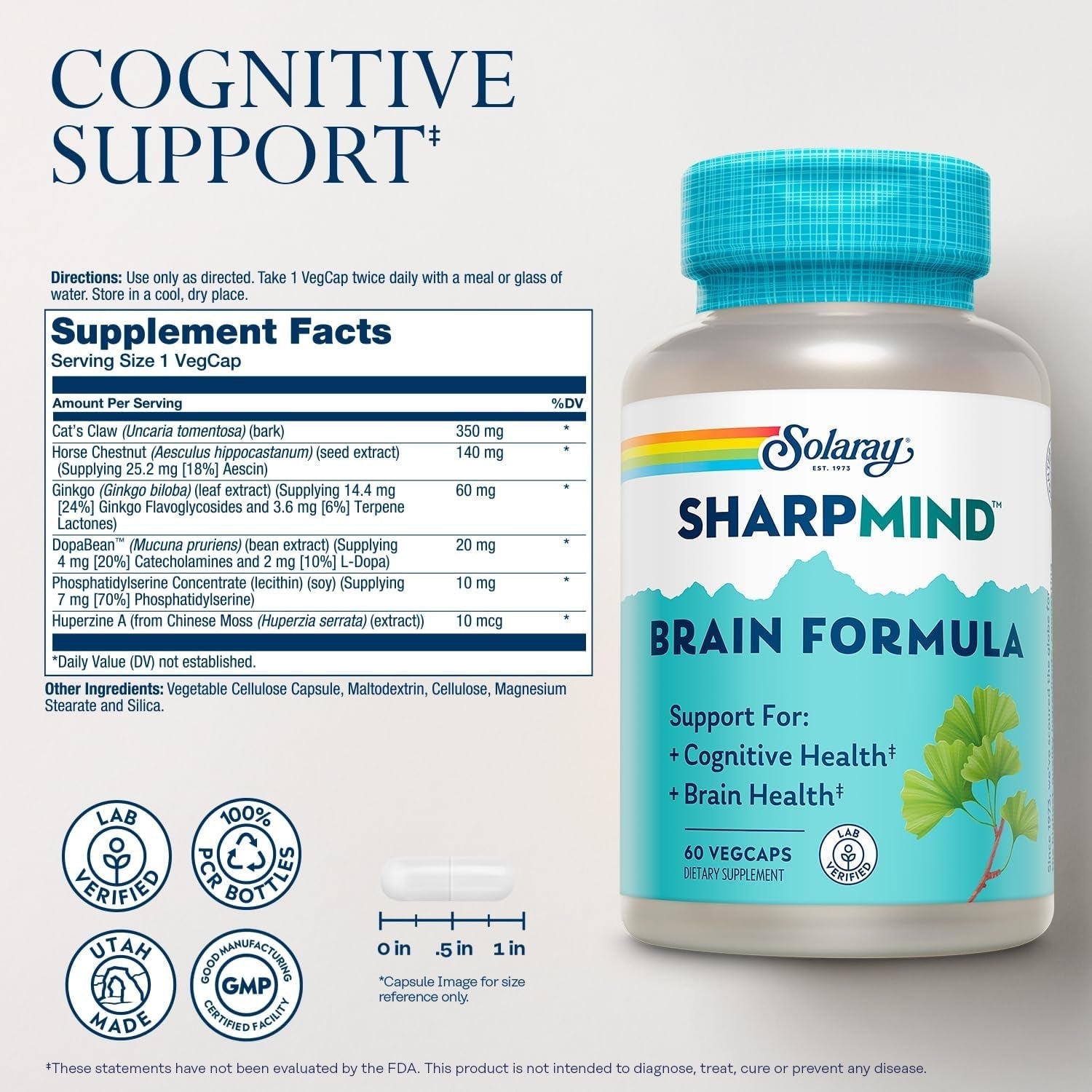 Solaray Sharpmind, Cognitive Support Formula for Healthy Brain, Mood & Memory Support 60 Vegcaps