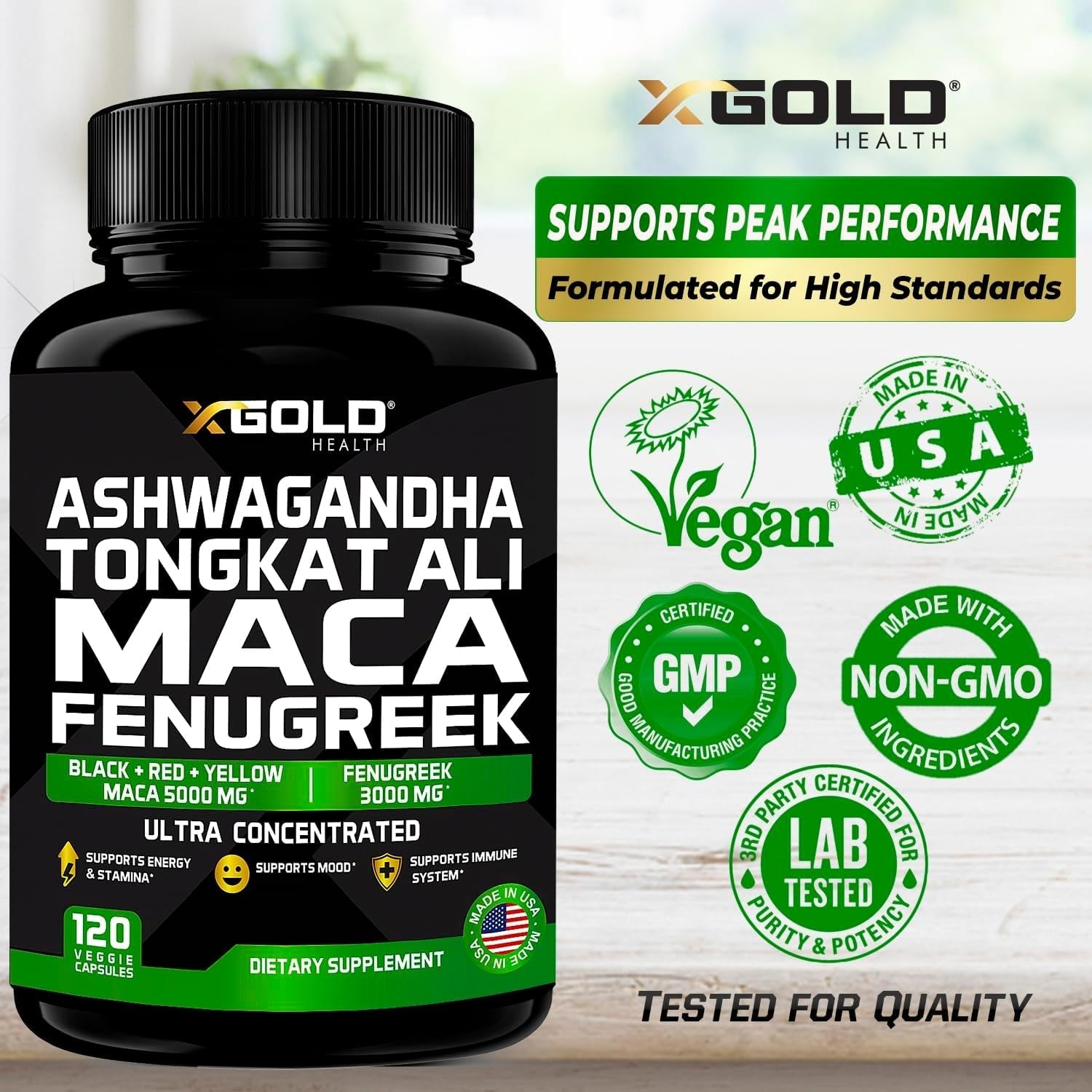 Ashwagandha 5000Mg + Tongkat Ali 1000Mg + Maca Root 5000Mg + Fenugreek 3000Mg Supplement - Made in USA
