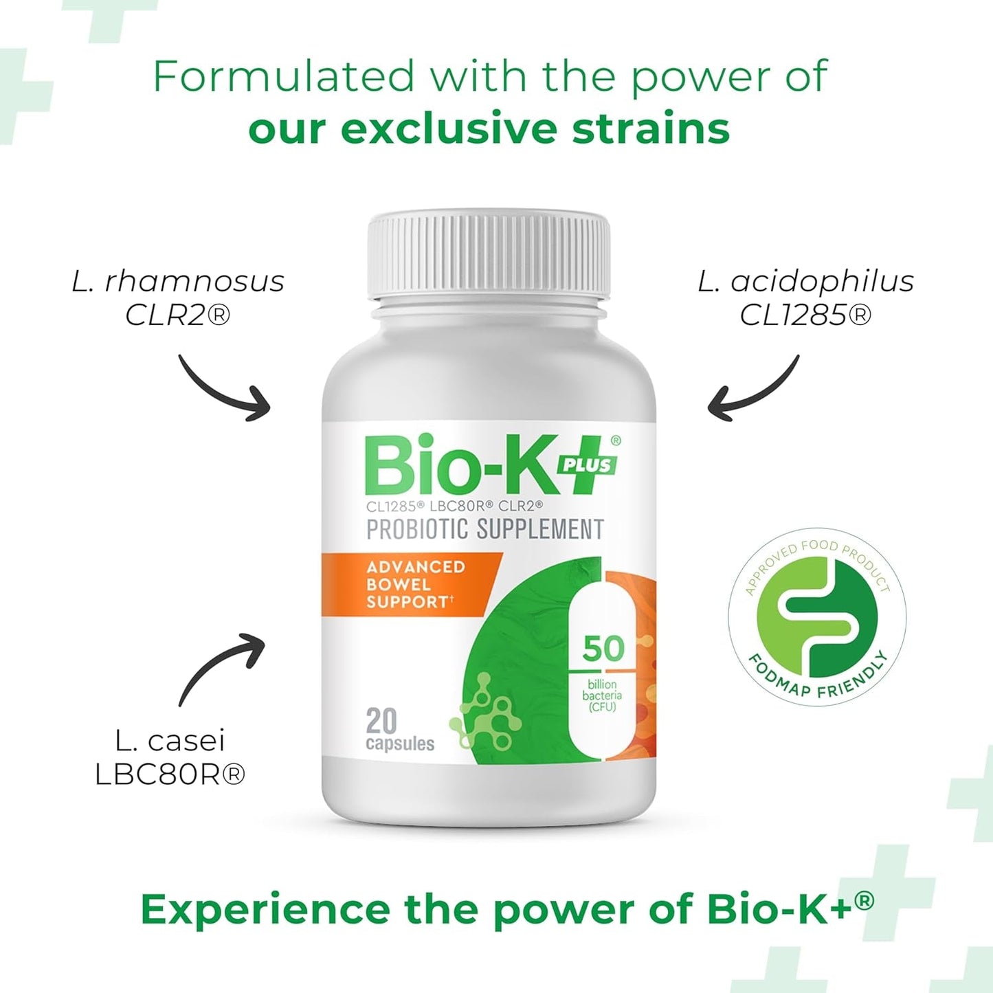 Bio K+ Advanced Bowel Support – Vegan Probiotic Supplement for Digestion Support 50 Billion CFU 3 Strains – 20 Capsules