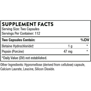 THORNE Betaine HCL & Pepsin - Digestive Enzymes for Protein Breakdown and Absorption - 225 Capsules