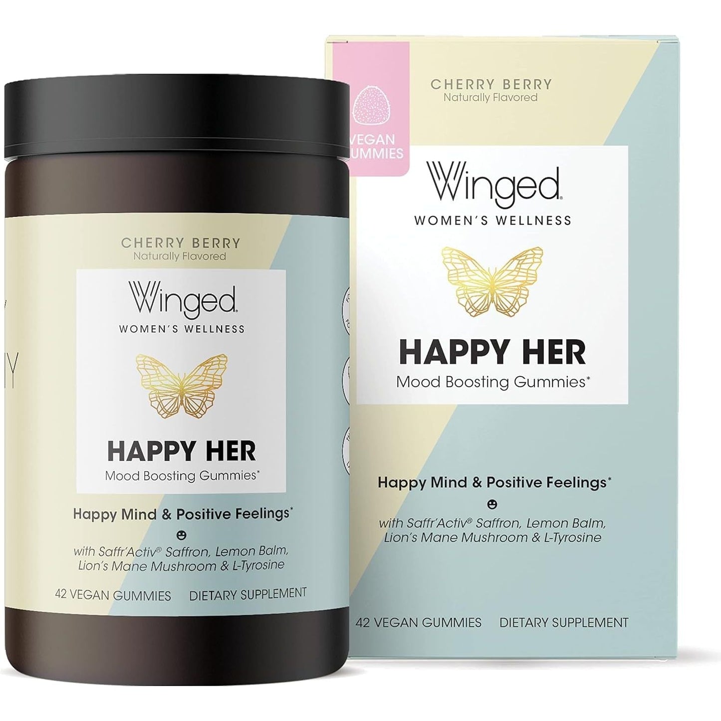 WINGED Happy Her Mood Gummies | Happy Mind & Positive Feelings| Cherry Berry Flavor (60 Ct)