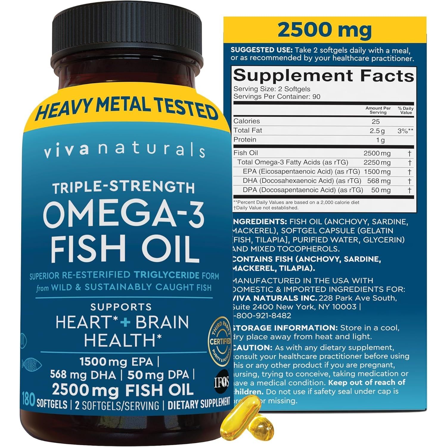 Omega 3 Fish Oil Supplement for Women and Men - 2500 Mg - 180 Softgels