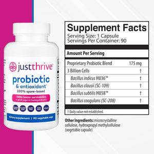 Just Thrive Probiotic & Antioxidant Supplement - 100% Spore-Based Digestive and Immune Support - 90 Caps