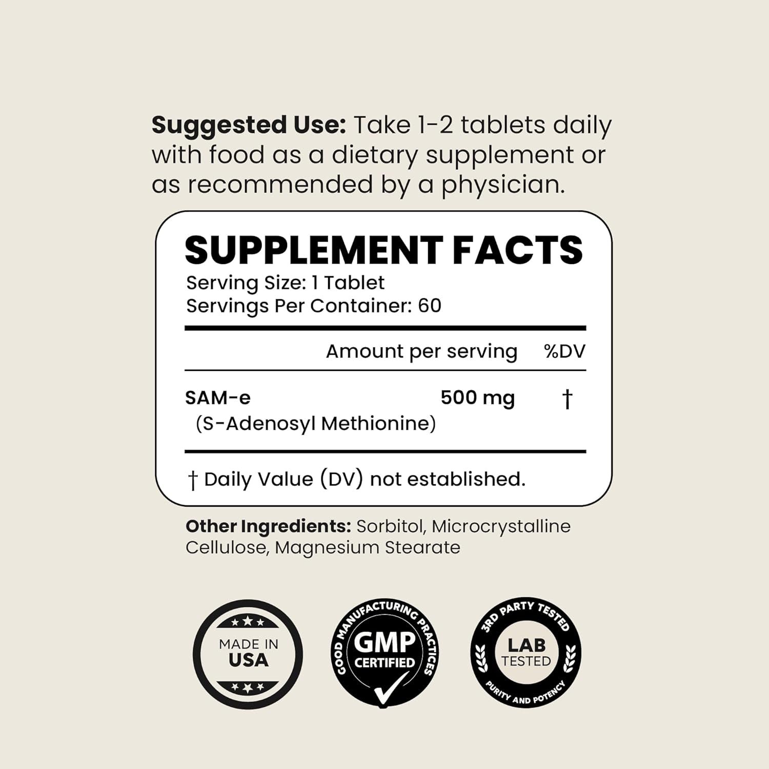 Newt'S Sam-E 500Mg per Tablet for Brain, Joint, Liver, and Mood Support Supplement 60 Servings