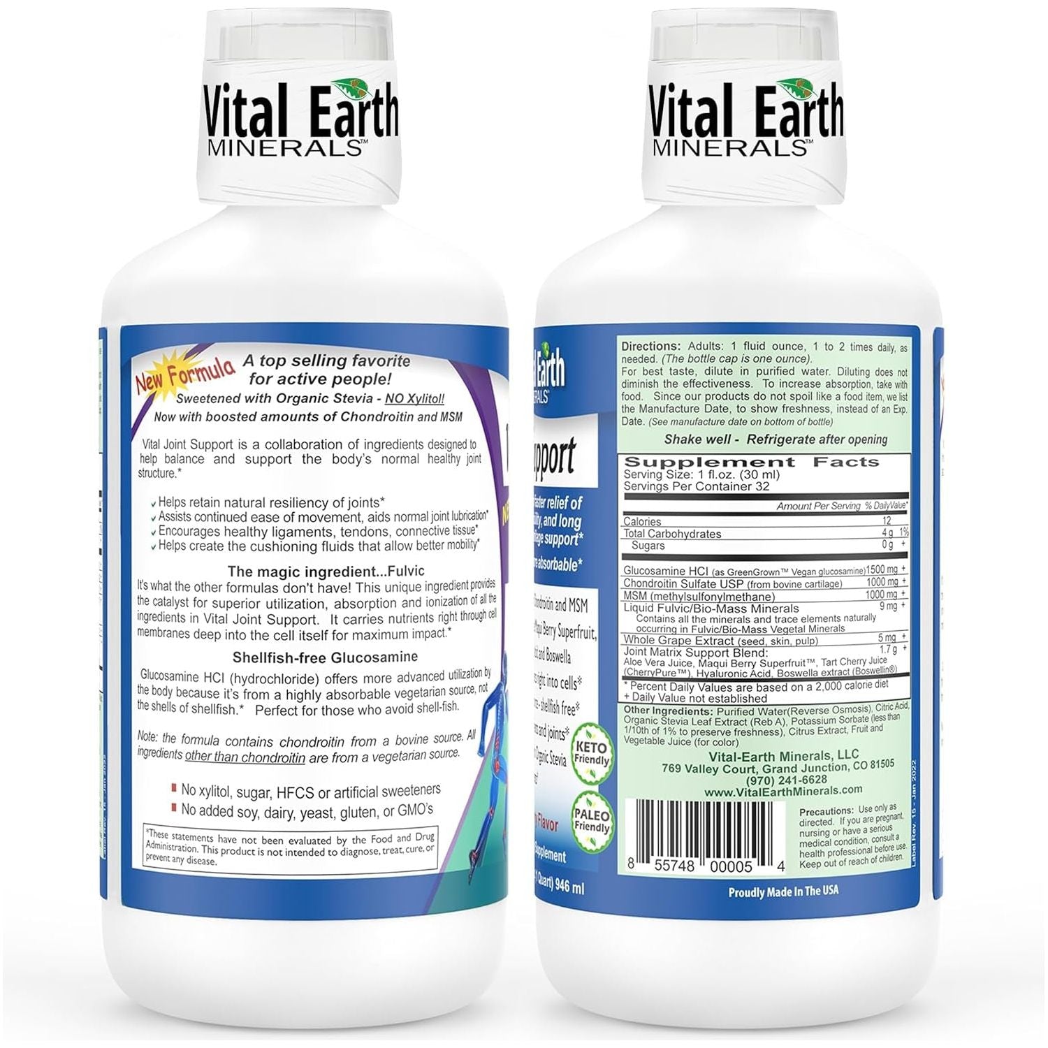 Vital Earth Joint Support Supplement Liquid – Glucosamine, Chondroitin, MSM with Fulvic Acid for Faster Absorption & Relief 32 Oz + 1 Oz Cup