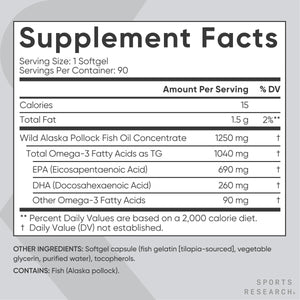 Sports Research Triple Strength Omega 3 Fish Oil - Burpless Fish Oil Supplement W/Epa & DHA 1250 Mg, 90 Ct