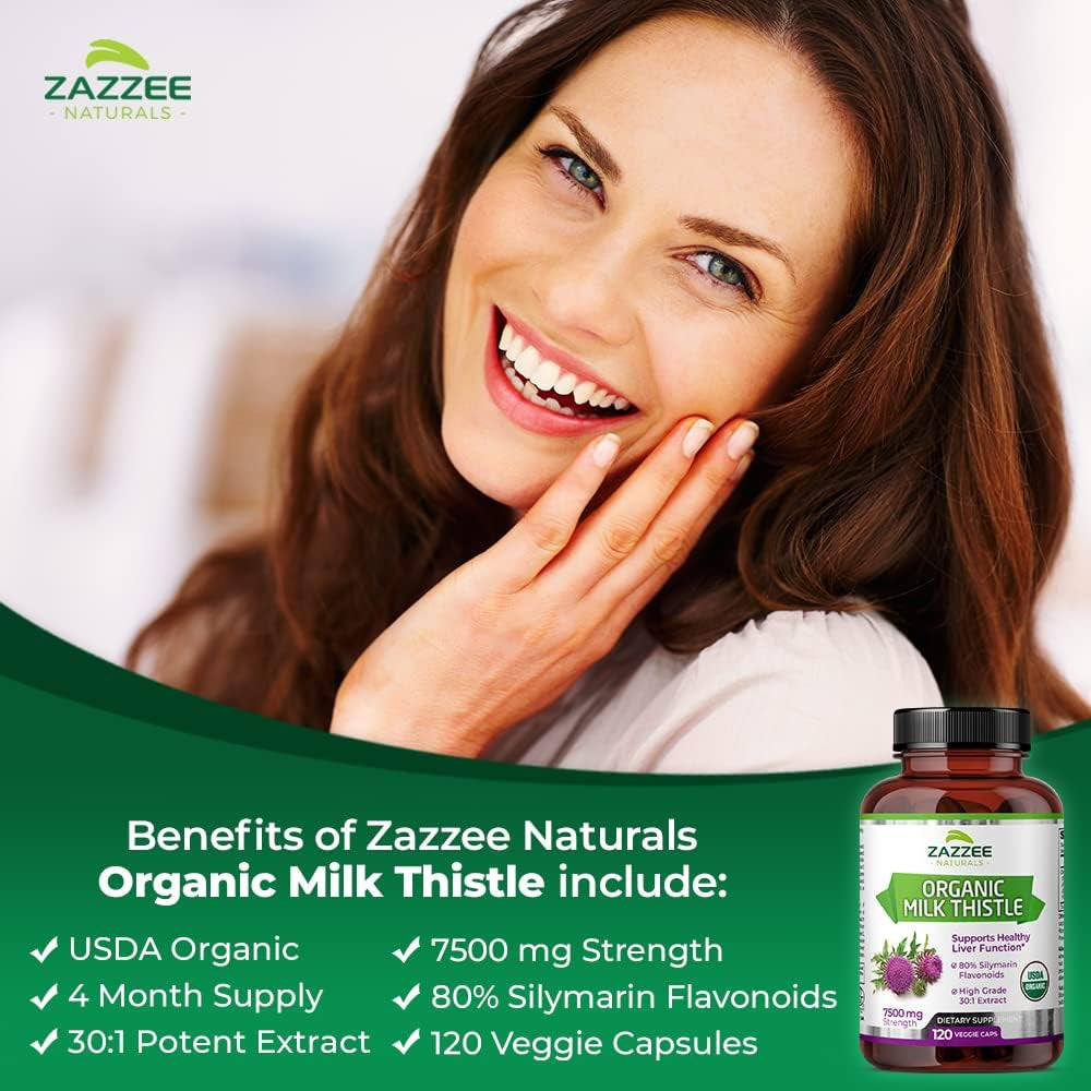 Zazzee USDA Organic Milk Thistle 30:1 Extract, 7500 Mg Strength, 120 Vegan Capsules