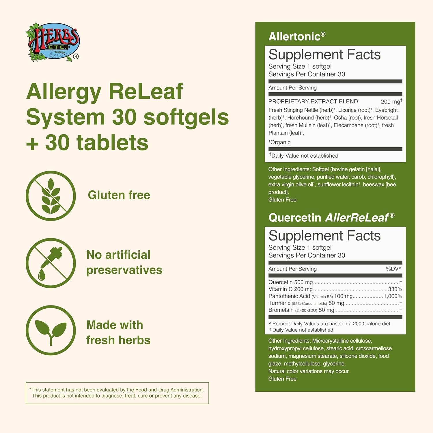 Herbs Etc. Allergy Releaf System - Provides Seasonal Support for Sneezing & Itchy Eyes (30 Servings)