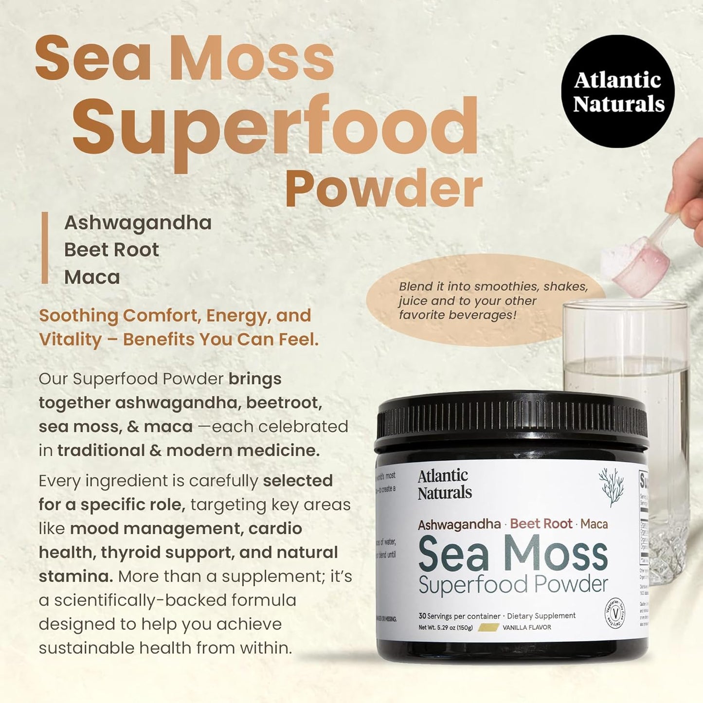 Atlantic Naturals Sea Moss Superfood Powder - Supports Healthy Skin, Athletic Performance, and Positive Mood - Vanilla Flavor (150G)