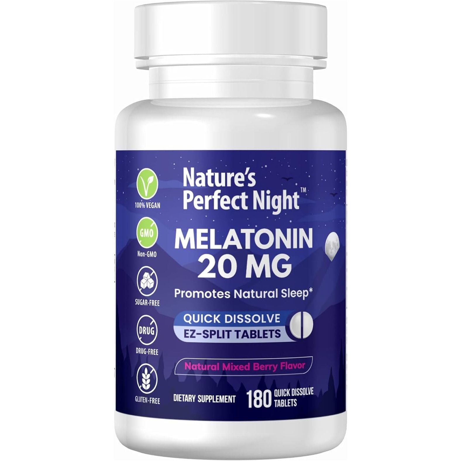 Nature'S Perfect Night | Melatonin 20Mg | 180 Quick Dissolve Tablets | Natural Mixed Berry Flavor |High Potency | Sugar Free | Vegan | Gluten Free | Value Size