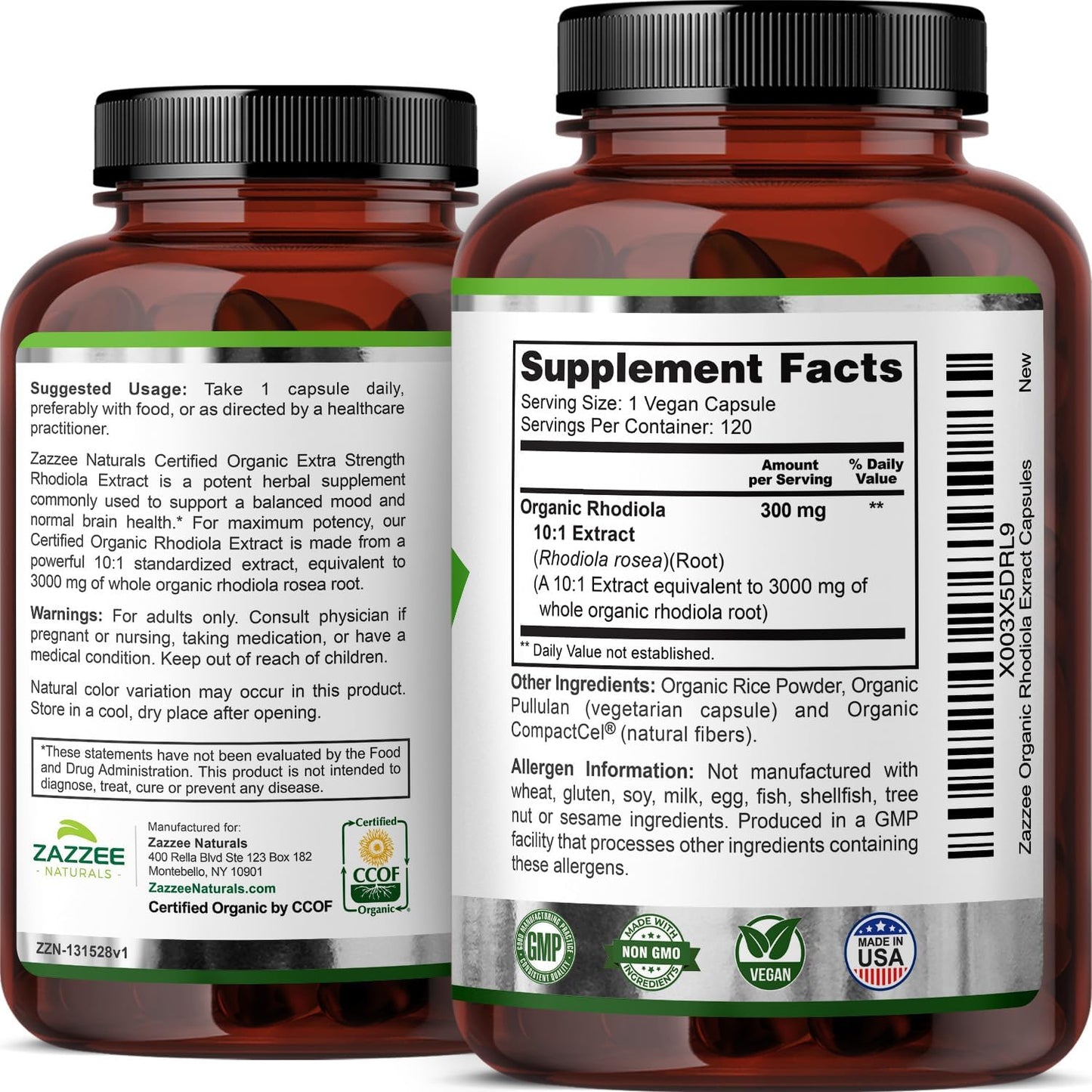 Zazzee USDA Organic Rhodiola 10:1 Exract, 3000 Mg Strength, 120 Capsules