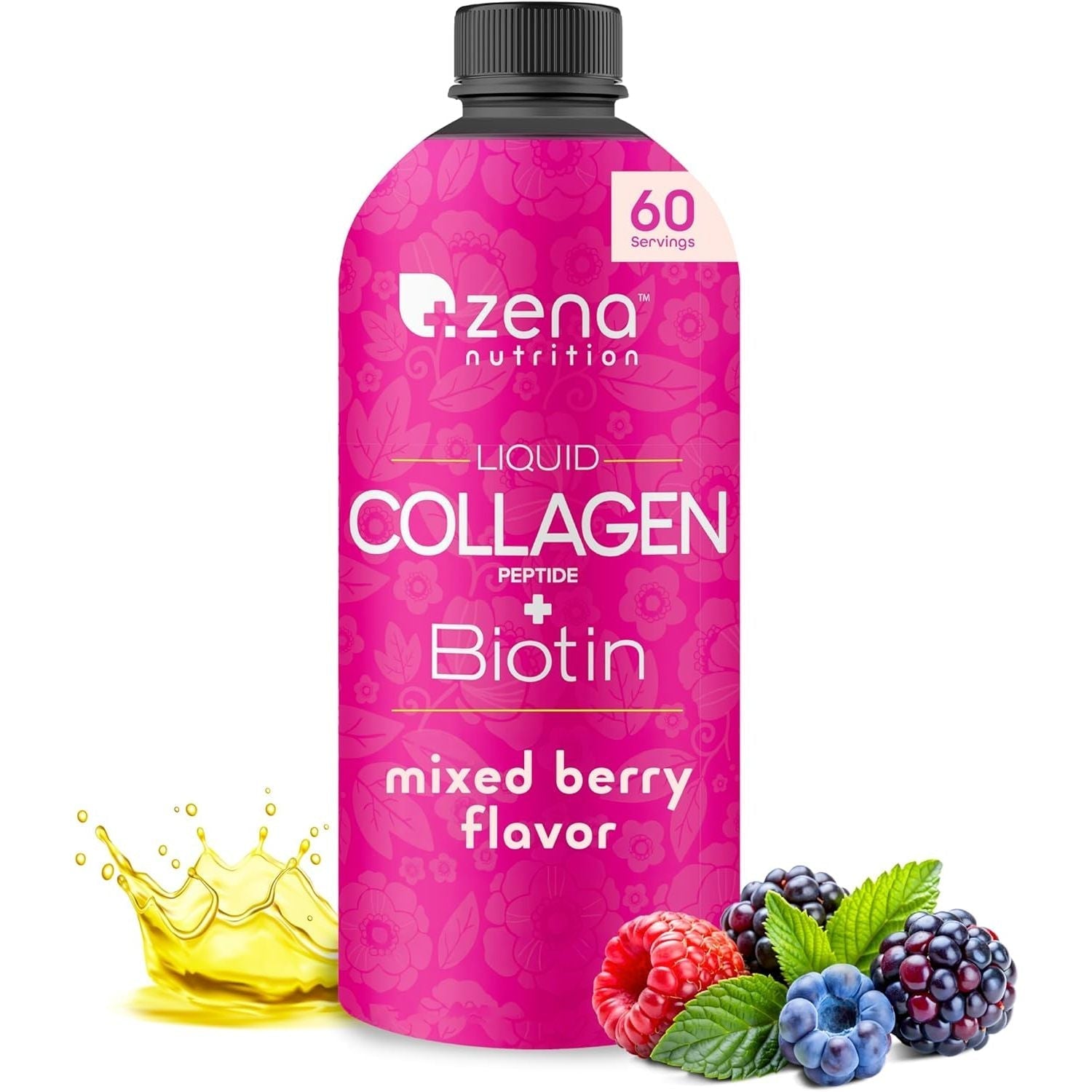 Zena Liquid Collagen Peptides for Women & Men + Biotin 5000Mcg for Hair, Skin, Nail Health | Berry | 60 Servings, 20.3 FL Oz