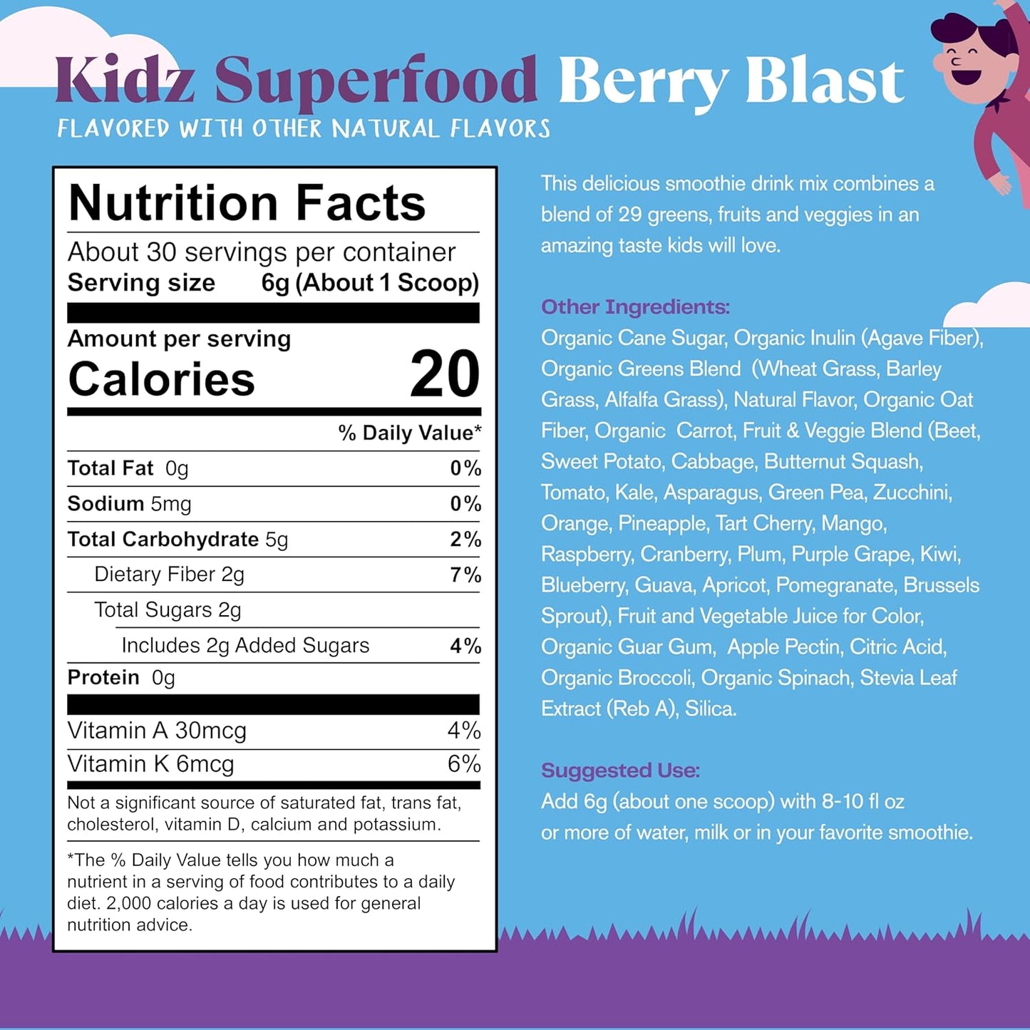 Amazing Grass Kidz Superfood: Organic Greens, Fruits, Veggies, Beet Root Powder & Probiotics for Healthy Kids, 30 Servings
