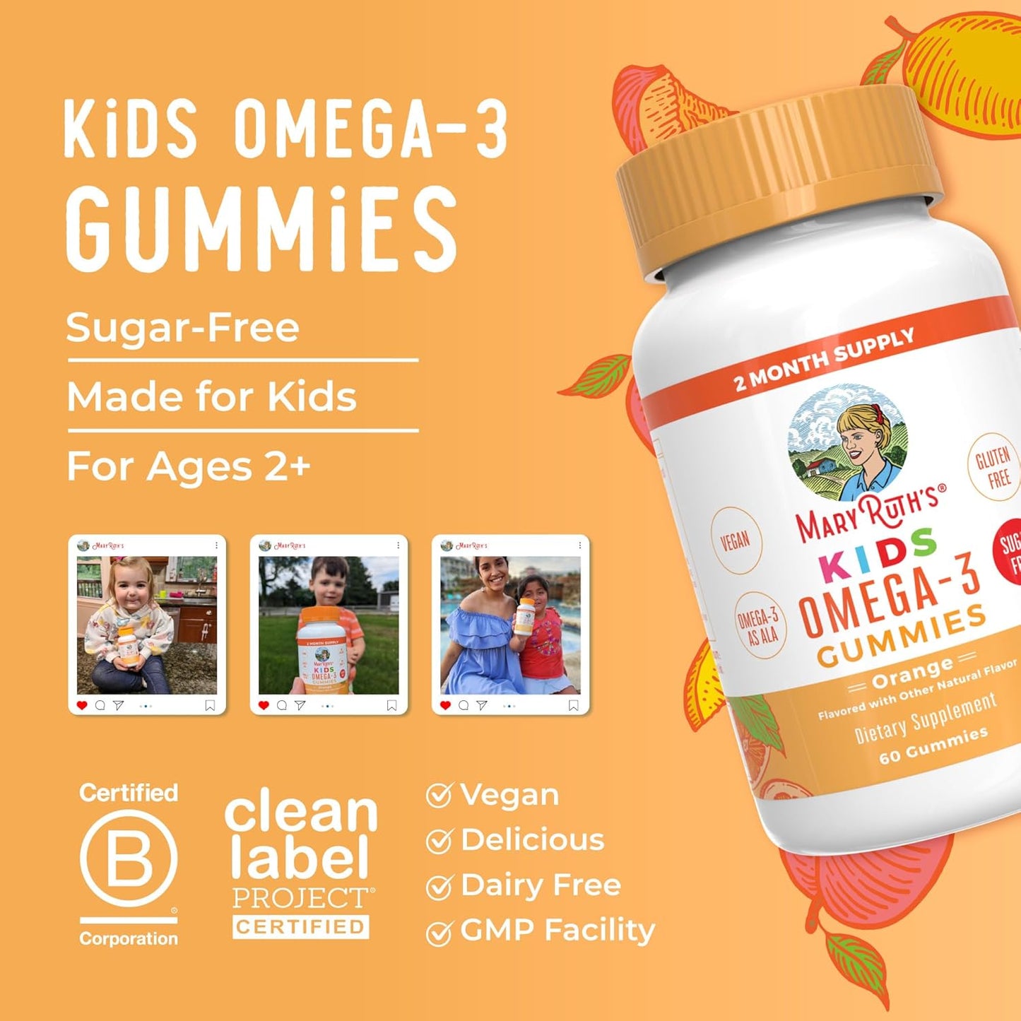 Maryruth Organics Vegan Omega 3 Gummies for Kids 2+, 2 Month Supply