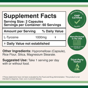 L-Tyrosine 1,000Mg per Serving, 120 Veggie Capsules (L Tyrosine Supplement for Memory, Attention, and Focus) by Double Wood.