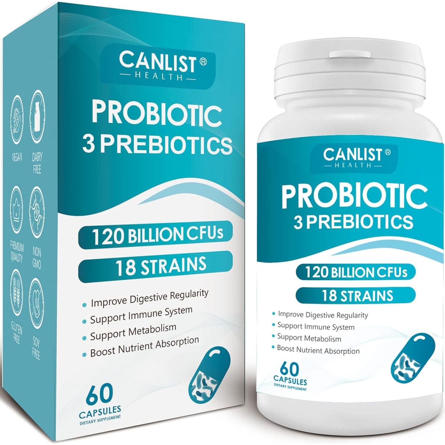 Probiotics 120 Billion Cfus 18 Strains, 3 Prebiotics & Digestive Enzymes 60 Capsules