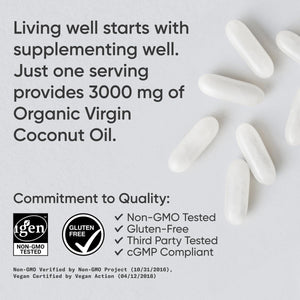 Sports Research® Organic Coconut Oil Capsules 3000MG - Cold Pressed Extra Virgin Coconut Oil 120 Softgels