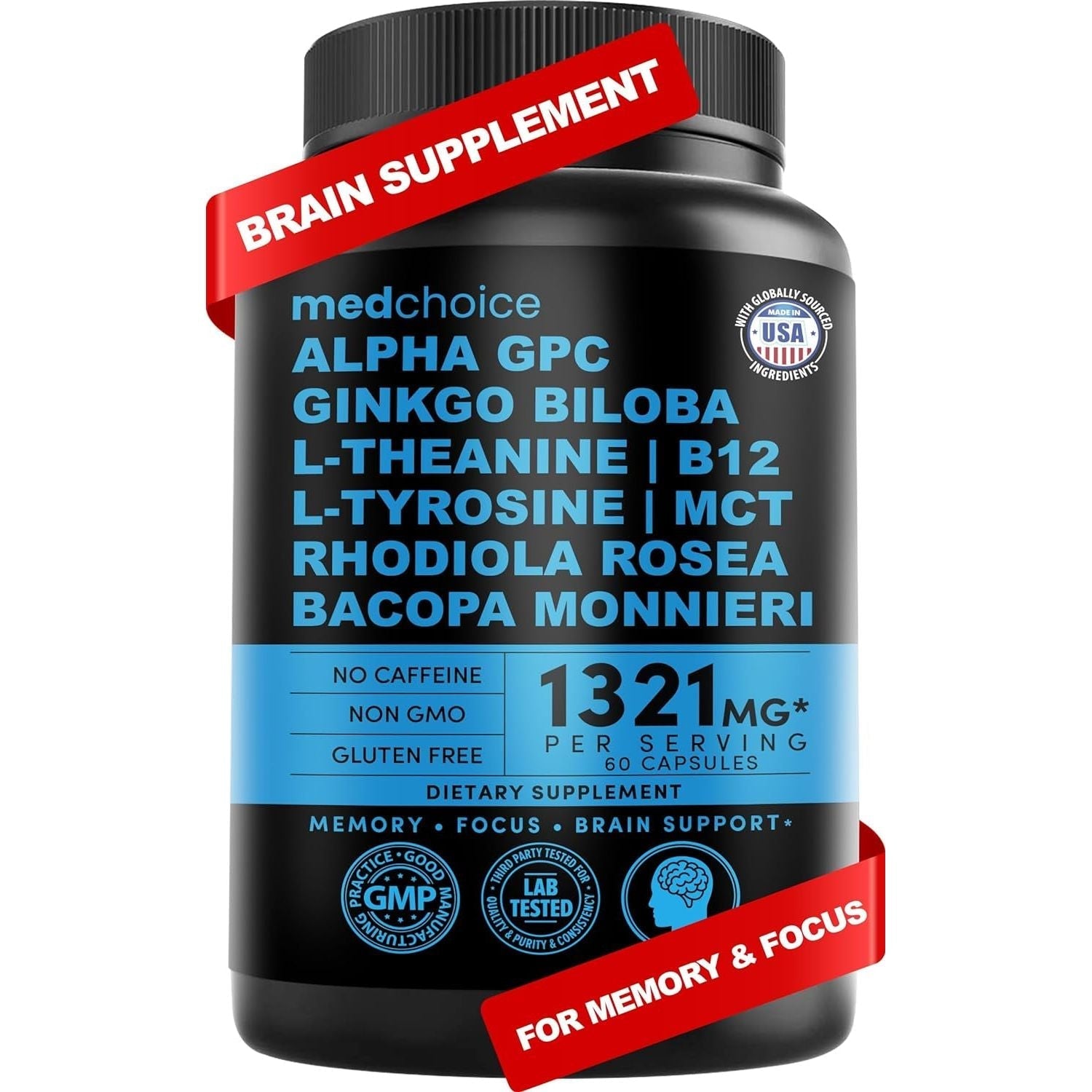 MEDCHOICE 11-In-1 Nootropic Brain Supplements for Memory, Focus and Brain Support 1321Mg, Stimulant Free, Vegan (60Count)