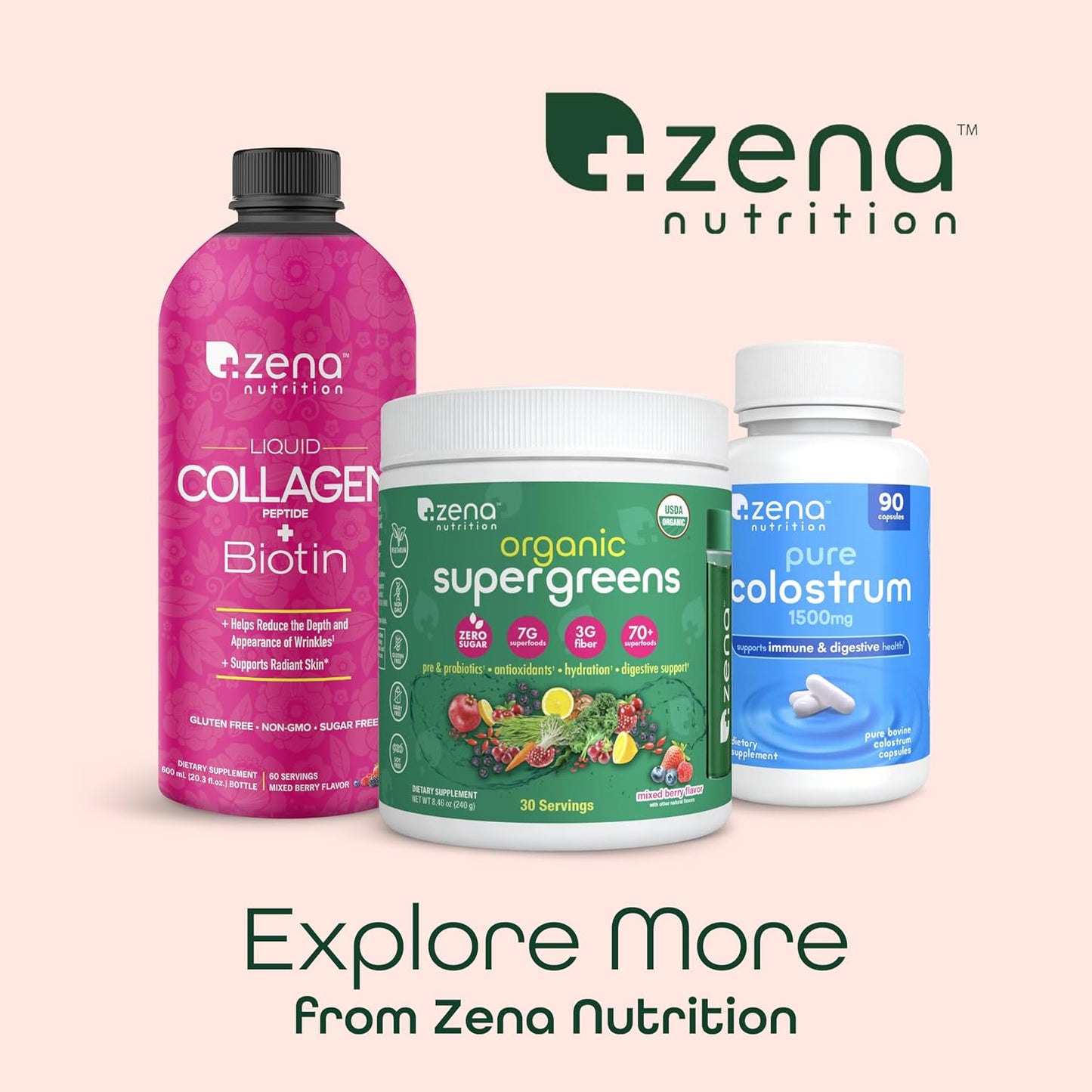 Zena Liquid Collagen Peptides for Women & Men + Biotin 5000Mcg for Hair, Skin, Nail Health | Berry | 60 Servings, 20.3 FL Oz