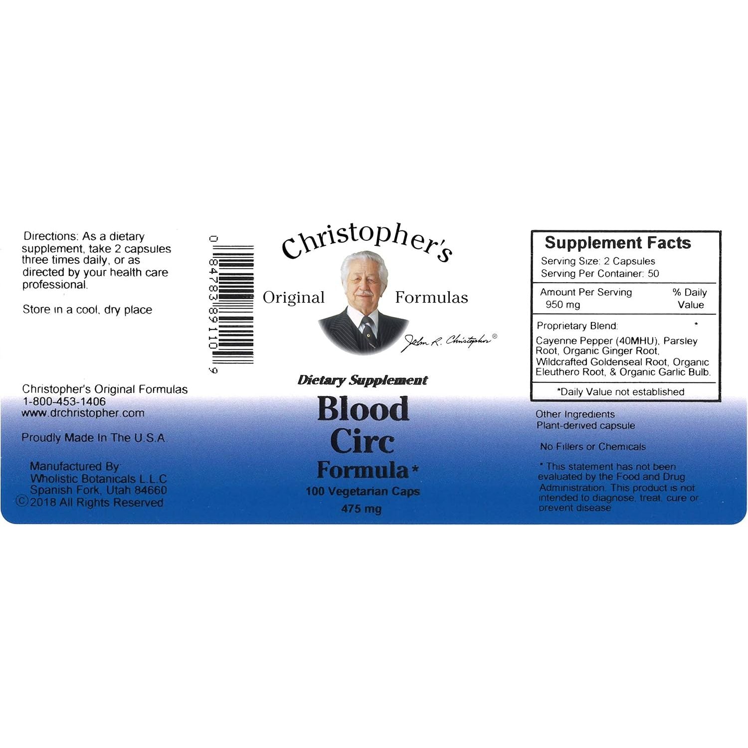 Christopher'S Original Formulas Blood Circ Formula Capsules for Cardiovascular & Circulatory Wellness, 100 Capsules
