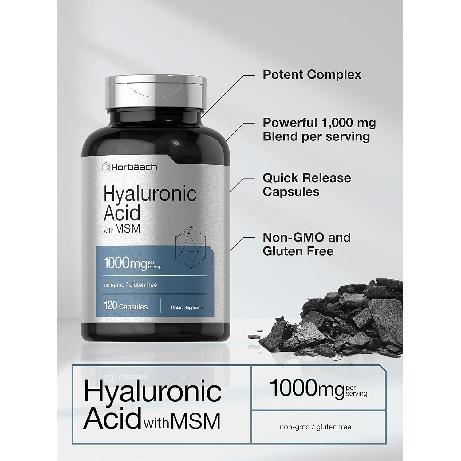 Horbäach Hyaluronic Acid with MSM | 1000 Mg | 120 Capsules | Non-Gmo and Gluten Free Supplement | Bioavailable Formula