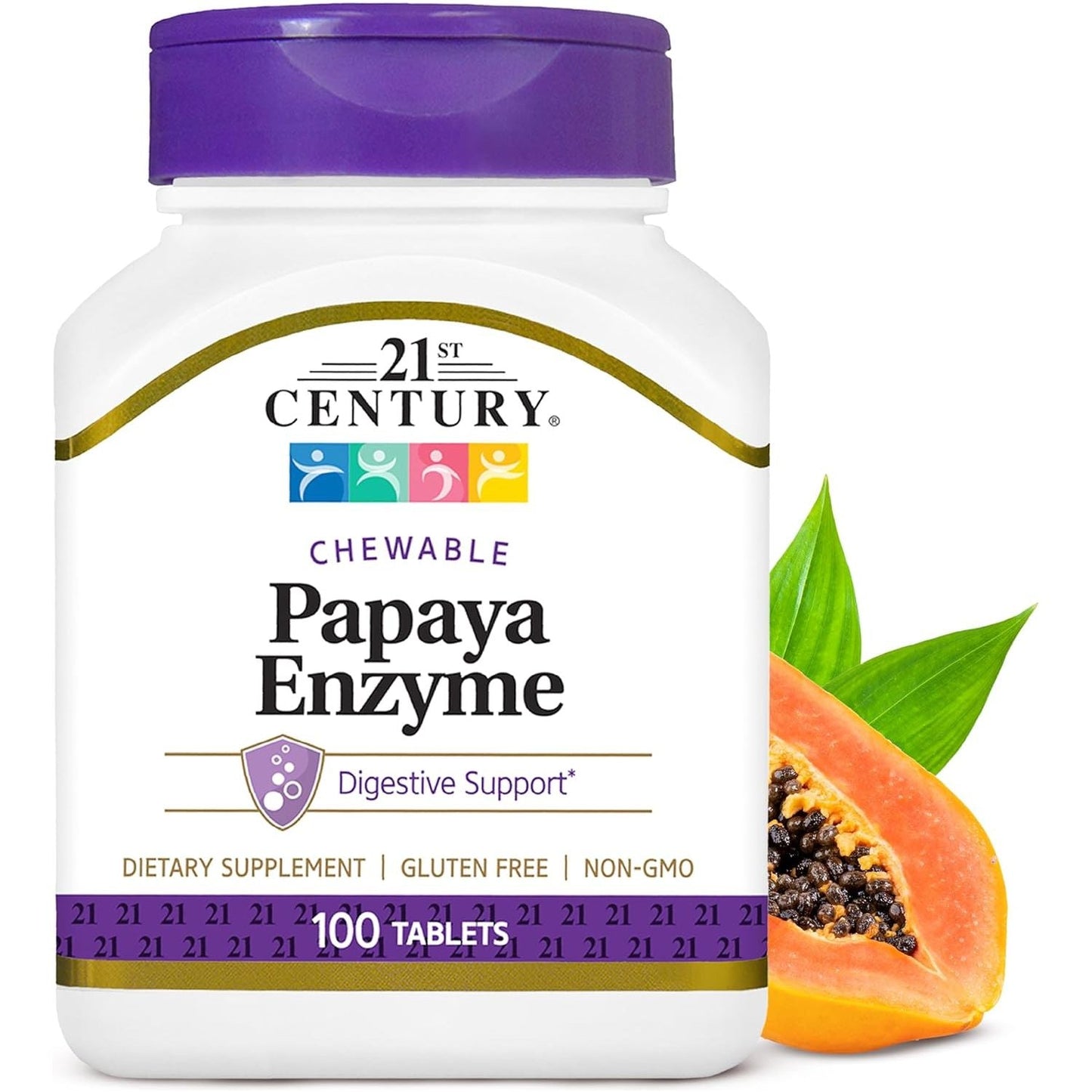 21St Century Papaya Enzyme Chewable (100 Count), Papaya & Pineapple Digestive Enzymes for Gut Health