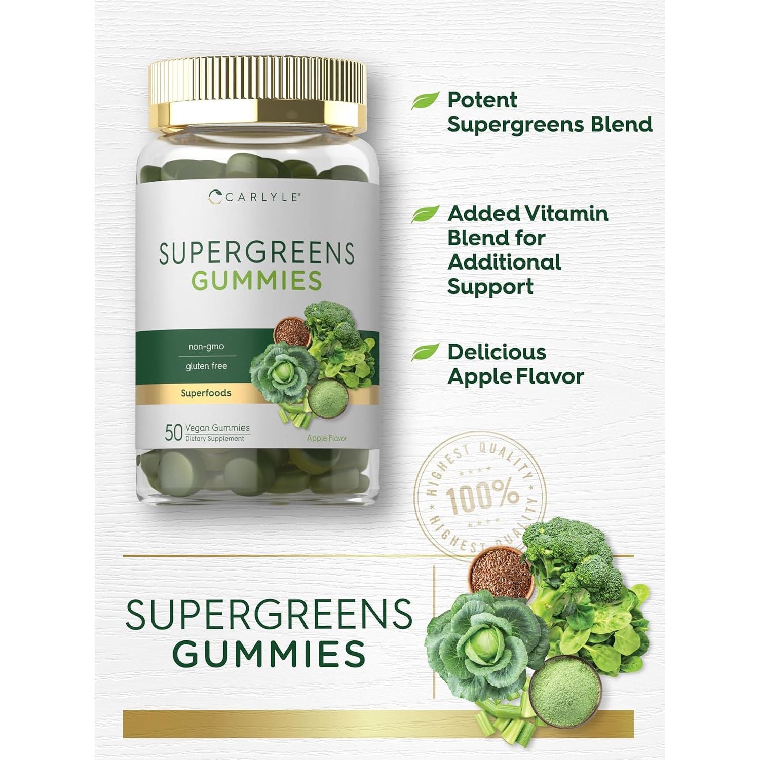 Carlyle Supergreens Gummies | 50 Count | Apple Flavor | Vegan, Non-Gmo and Gluten Free Supplement