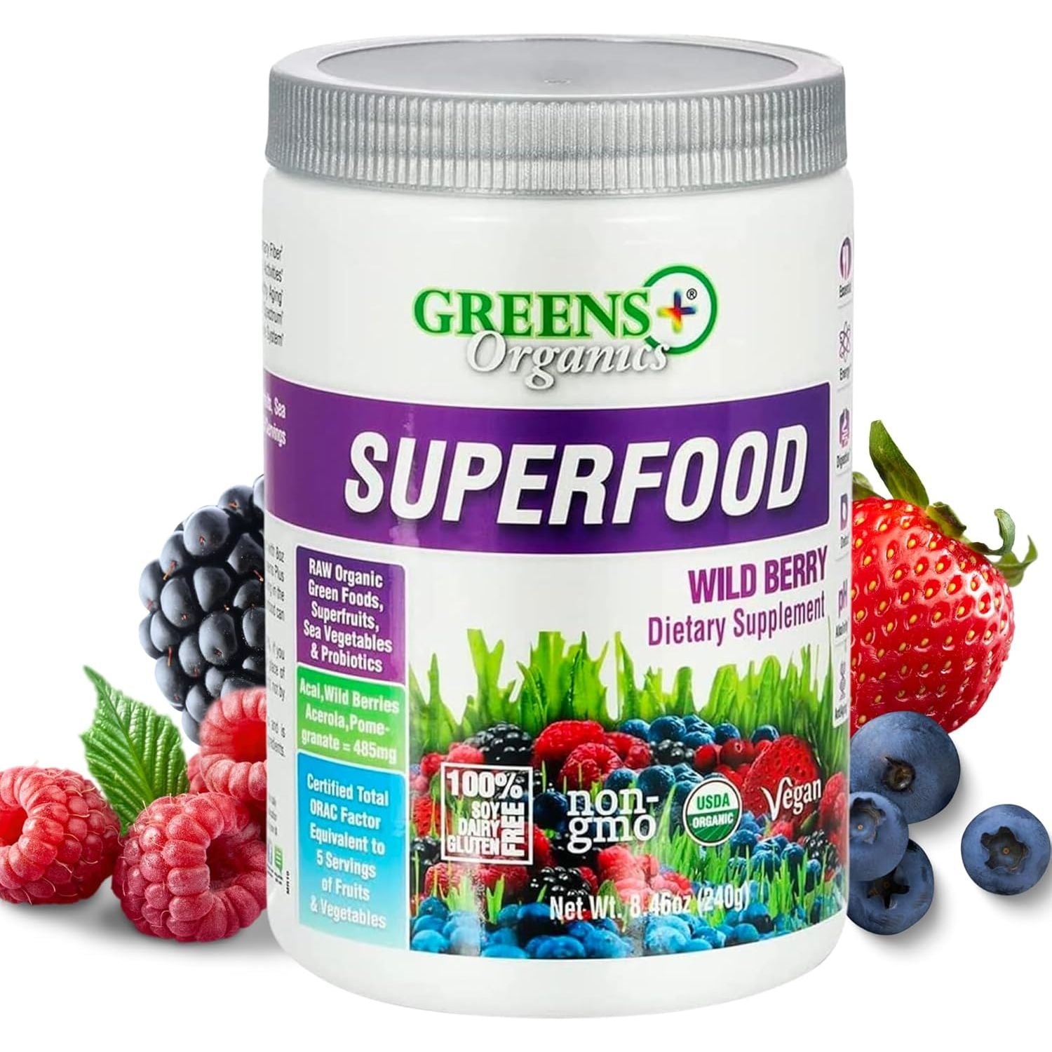 Greens+ Organic Wild Berry Superfood Powder for Morning Kick, Energy, Vitality Boost, Nutrition, Vibrant Health (8.46Oz)