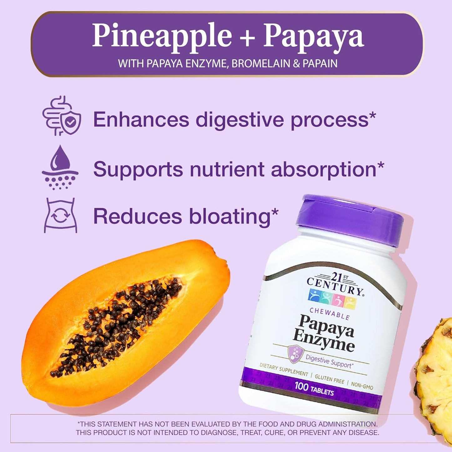 21St Century Papaya Enzyme Chewable (100 Count), Papaya & Pineapple Digestive Enzymes for Gut Health