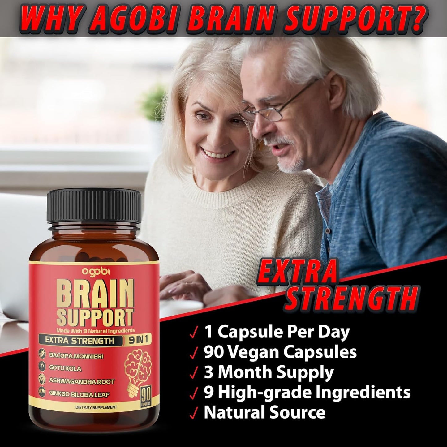 9In1 Brain Support Supplement - Concentrated Ashwagandha Root, Gotu Kola Powder, Bacopa Monnieri Powder and More - 90 Capsules