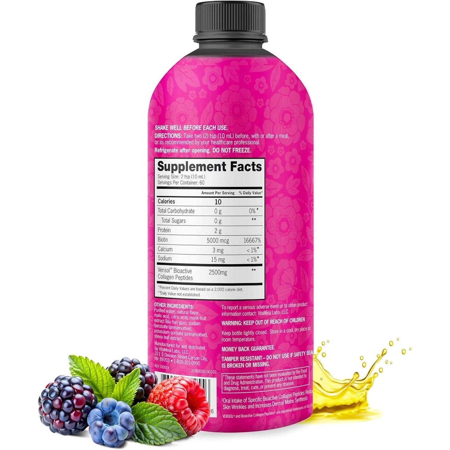 Zena Liquid Collagen Peptides for Women & Men + Biotin 5000Mcg for Hair, Skin, Nail Health | Berry | 60 Servings, 20.3 FL Oz
