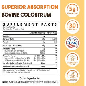 Colostrum Powder Supplement 5,000 Mg with Prebiotics, Probiotics, Lactoferrin & PRP, 30 Servings.
