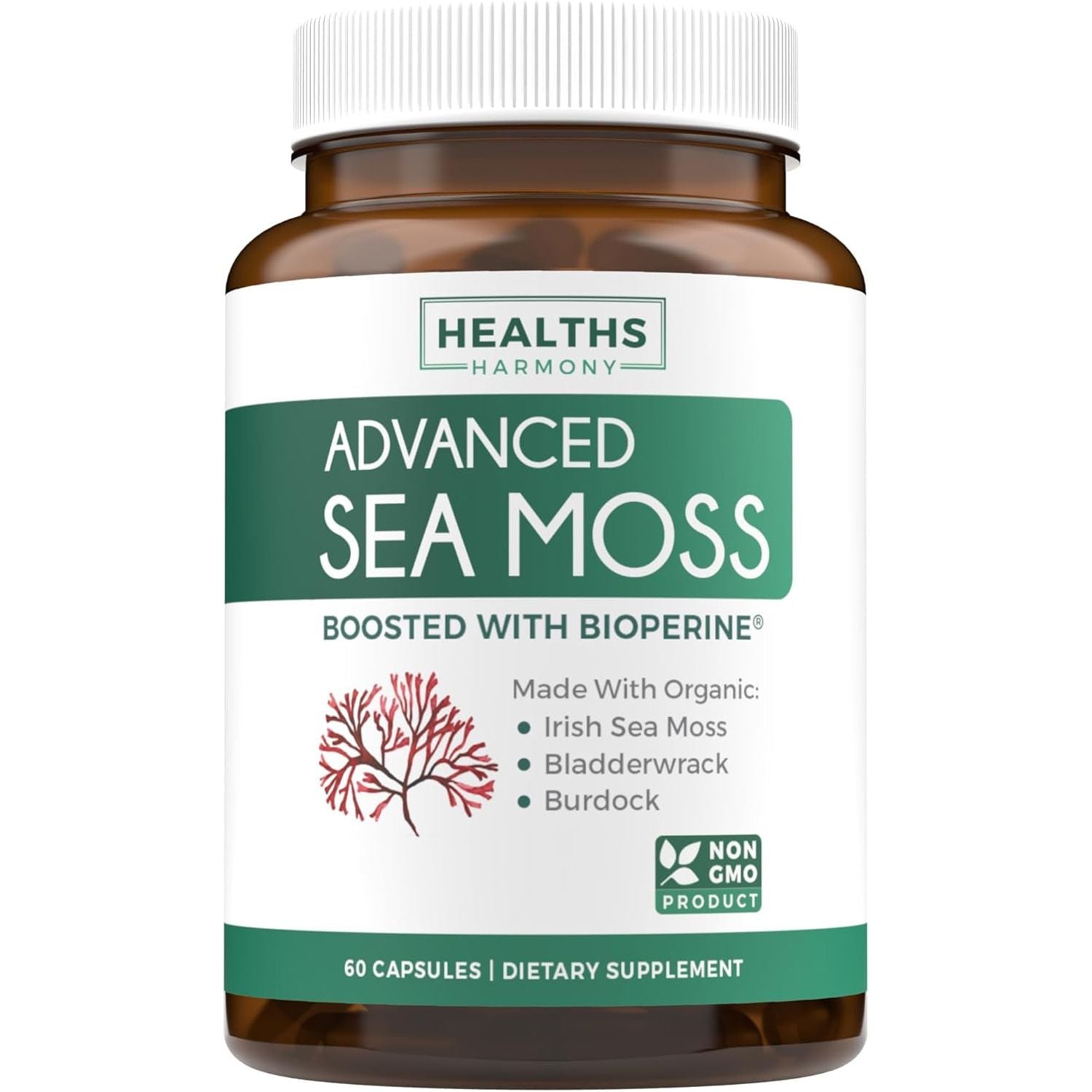 Irish Sea Moss Capsules Organic Irish Seamoss, Bladderwrack & Burdock - Raw Vegan Supplement - 60 Capsules