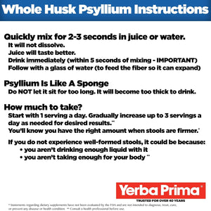 Yerba Prima Psyllium Husk, 12 Ounce - Whole Husk Fiber Supplement, Vegan, No Sugar or Artificial Sweeteners