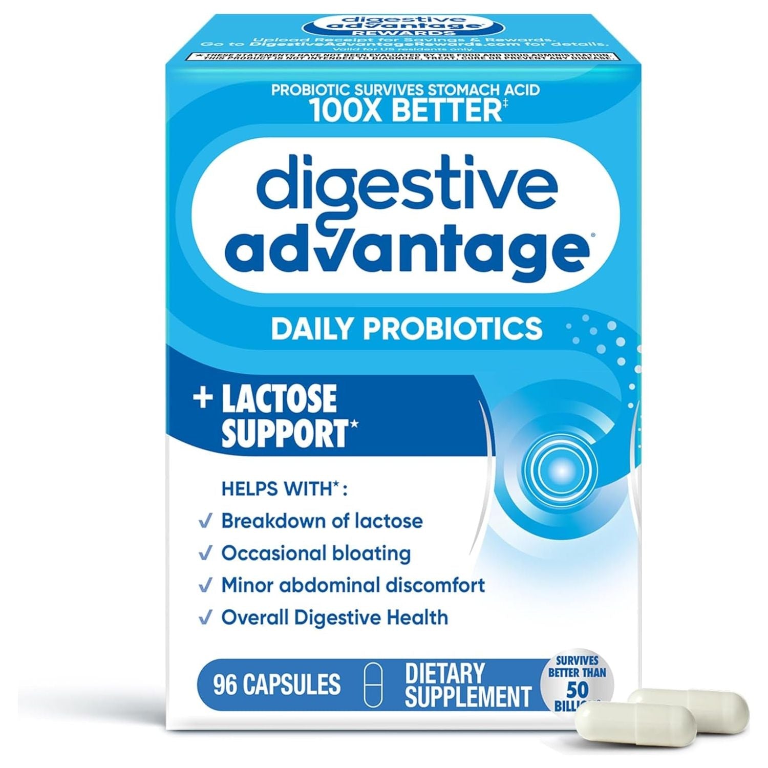 Digestive Advantage Probiotics + Lactase Digestive Enzymes for Digestive Health, 96Count