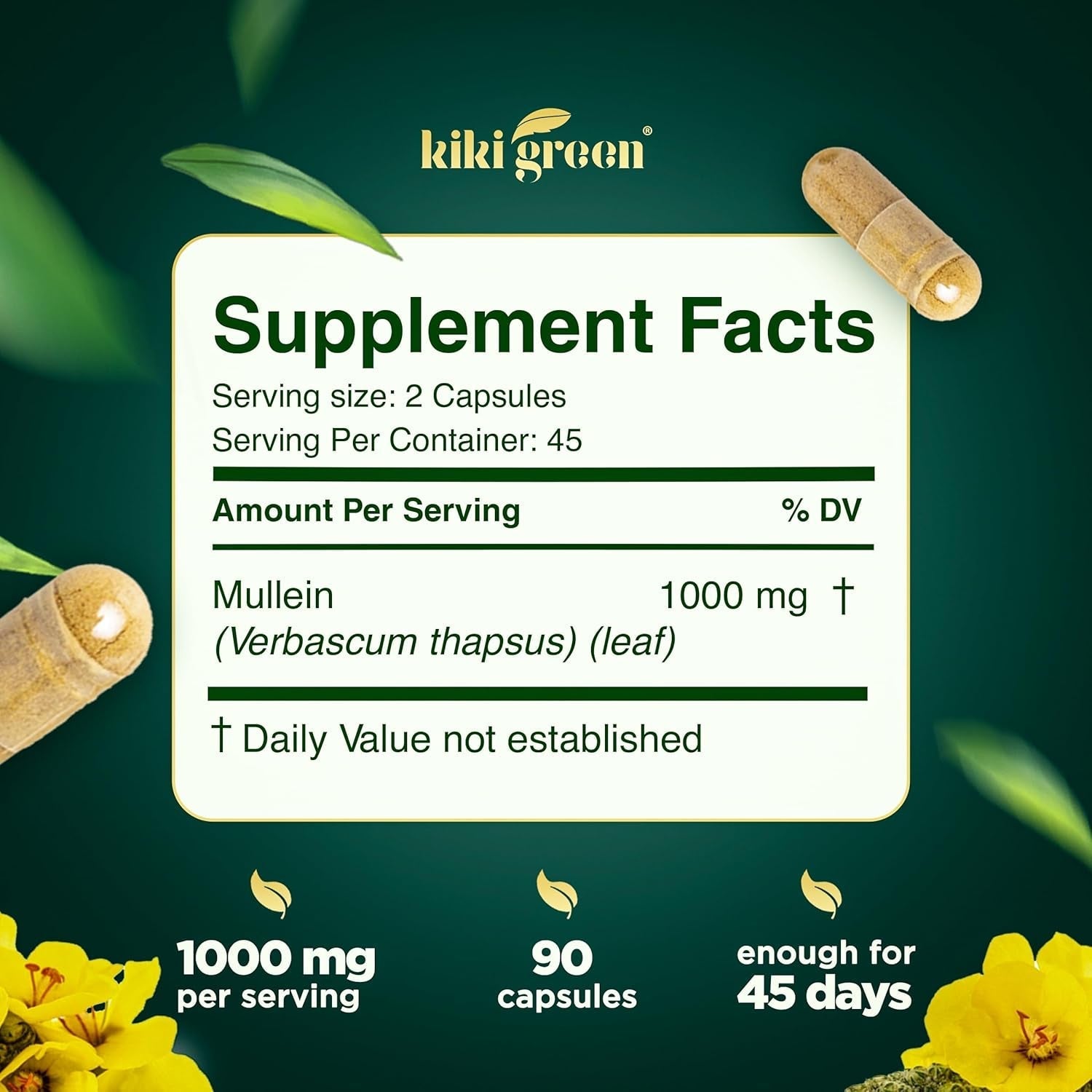 KIKI Green Mullein Leaf Extract Capsules - for Lung Cleanse, Support, Better Respiratory, Immune Function - 1000Mg 45 Servings