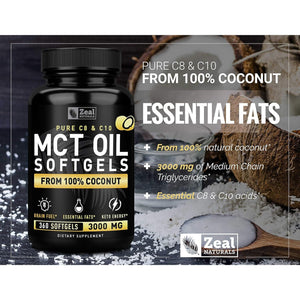 Pure MCT Oil Capsules (360 Softgels | 3000Mg) 4 Month Supply Keto Pills W Unrefined Coconut - C10 & C8 Brain Fuel, Energy, Octane Ketosis