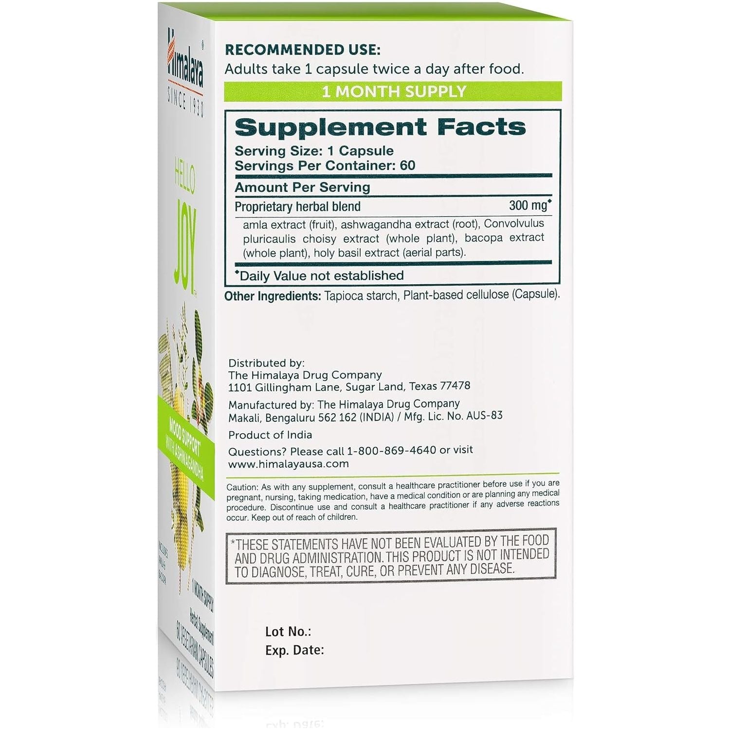 Himalaya Hello Joy Herbal Supplement, Supports Motivation, Stress Relief, Balanced Cortisol 60 Capsules