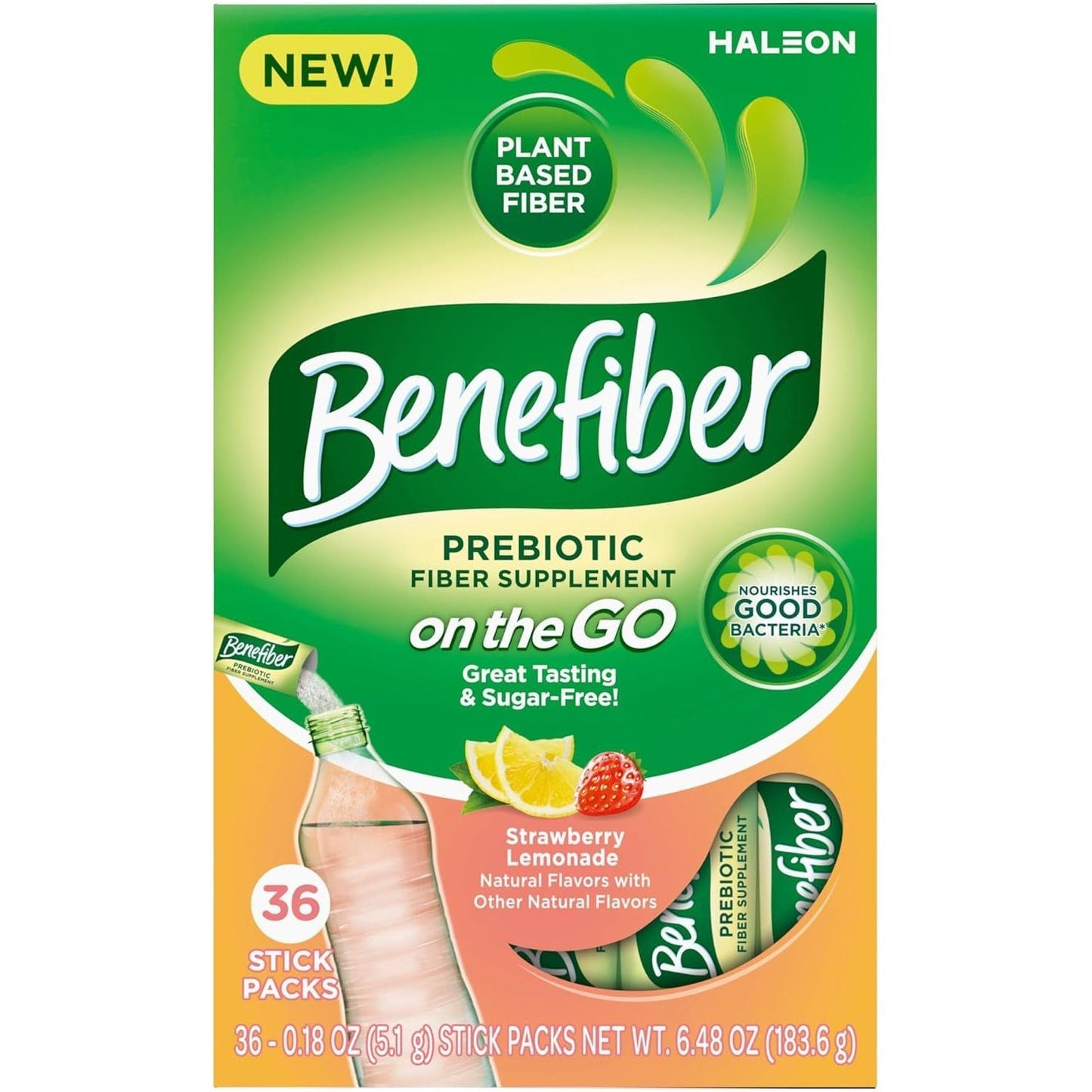 Benefiber Fiber Supplement, Strawberry Lemonade, on the Go Stick Packs, 36 Count