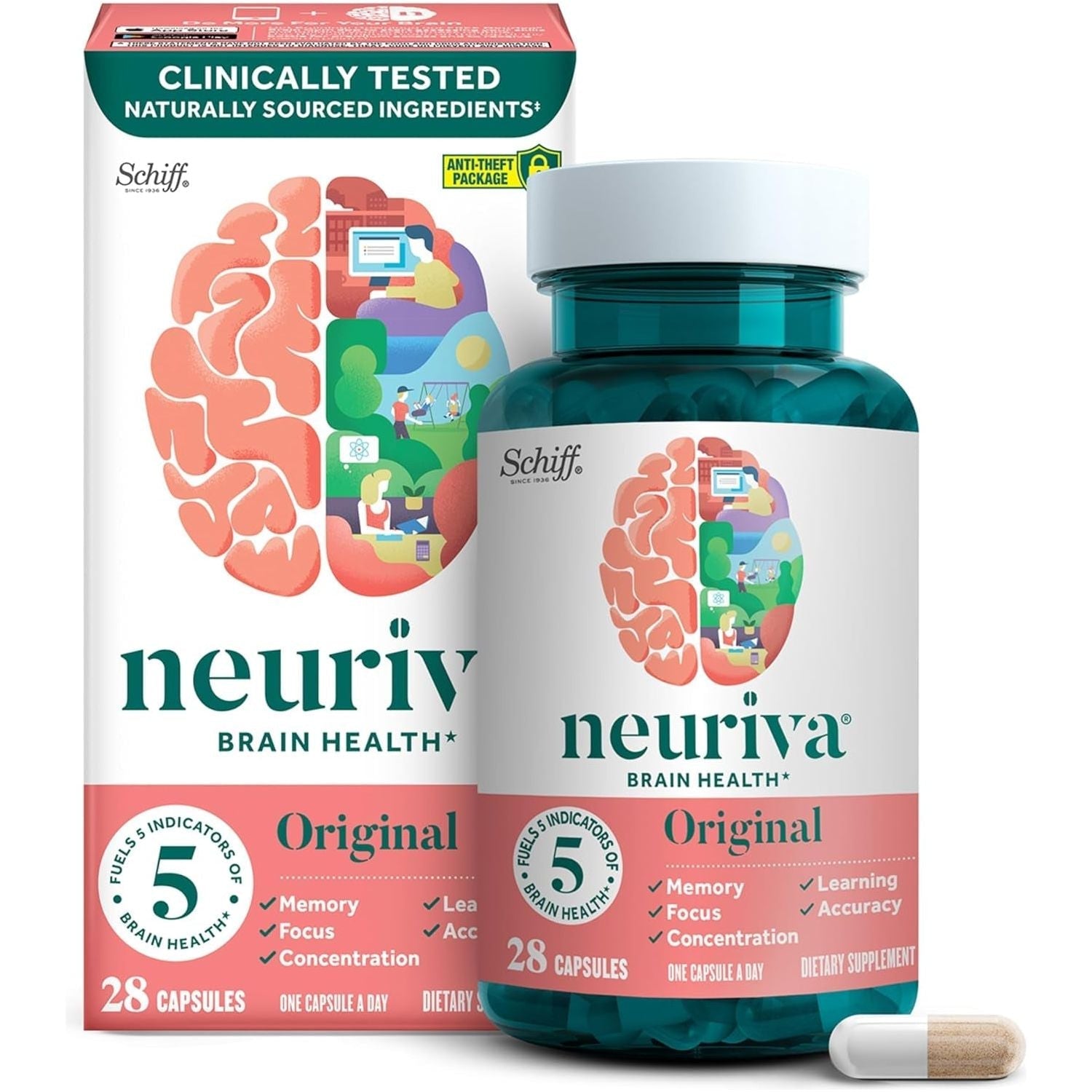 NEURIVA Original Decaffeinated Clinically Tested Nootropic Brain Supplement for Memory, Focus & Concentration 28Ct Capsules
