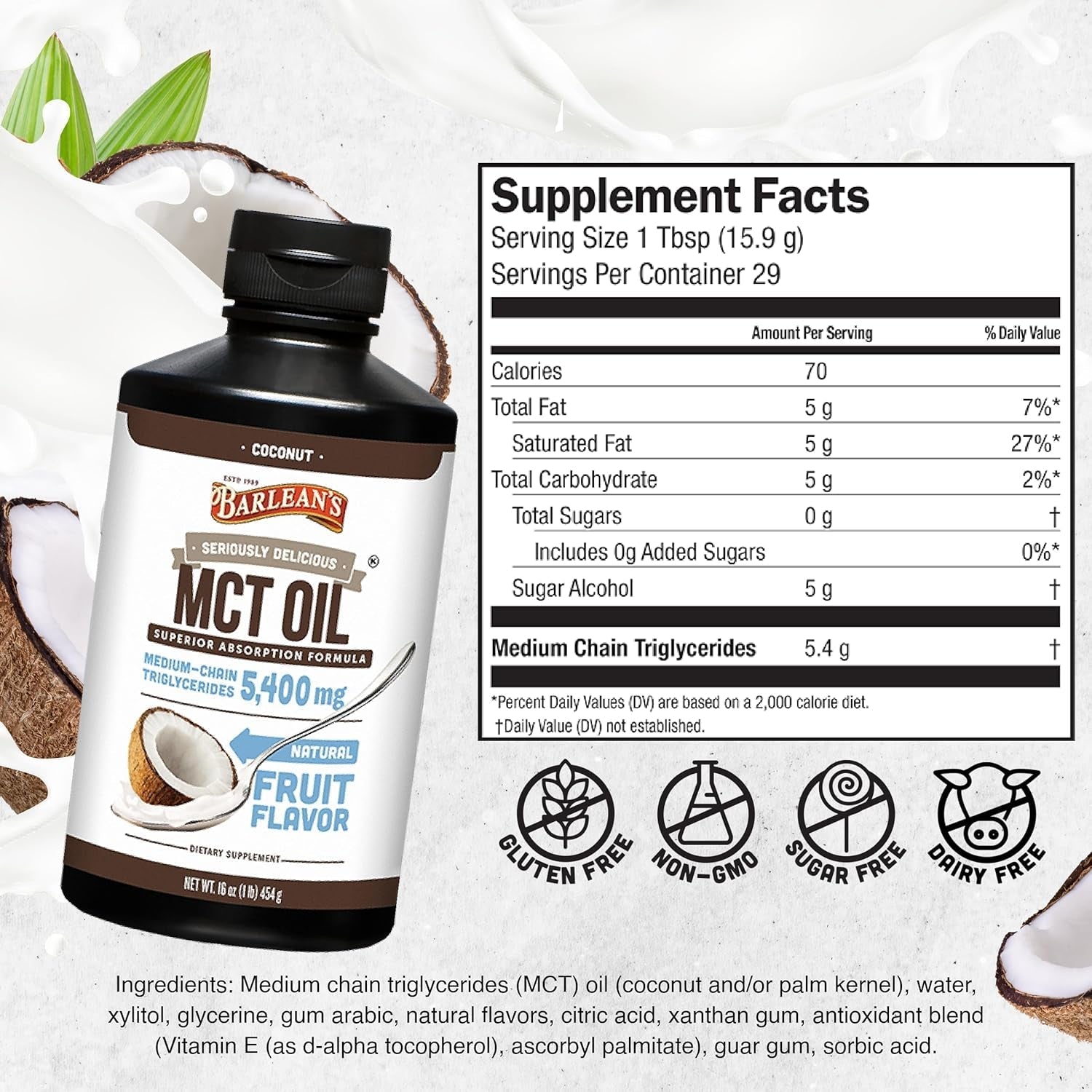 Barlean'S MCT Oil Supplement, Coconut Flavored for Keto Coffee, 5,400Mg 16 Oz