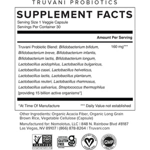 Truvani Probiotic | 15 Billion CFU | 15 Diverse Strains for Digestive, Immune & Brain Health Support 30 Servings