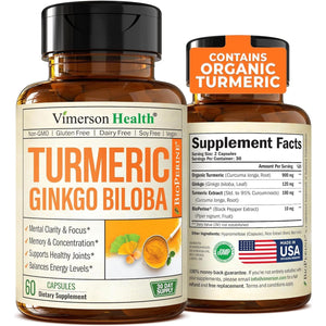 Turmeric Curcumin with Black Pepper and Ginkgo Biloba Supplements to Aid Joint Health, Brain Clarity. 60 Caps
