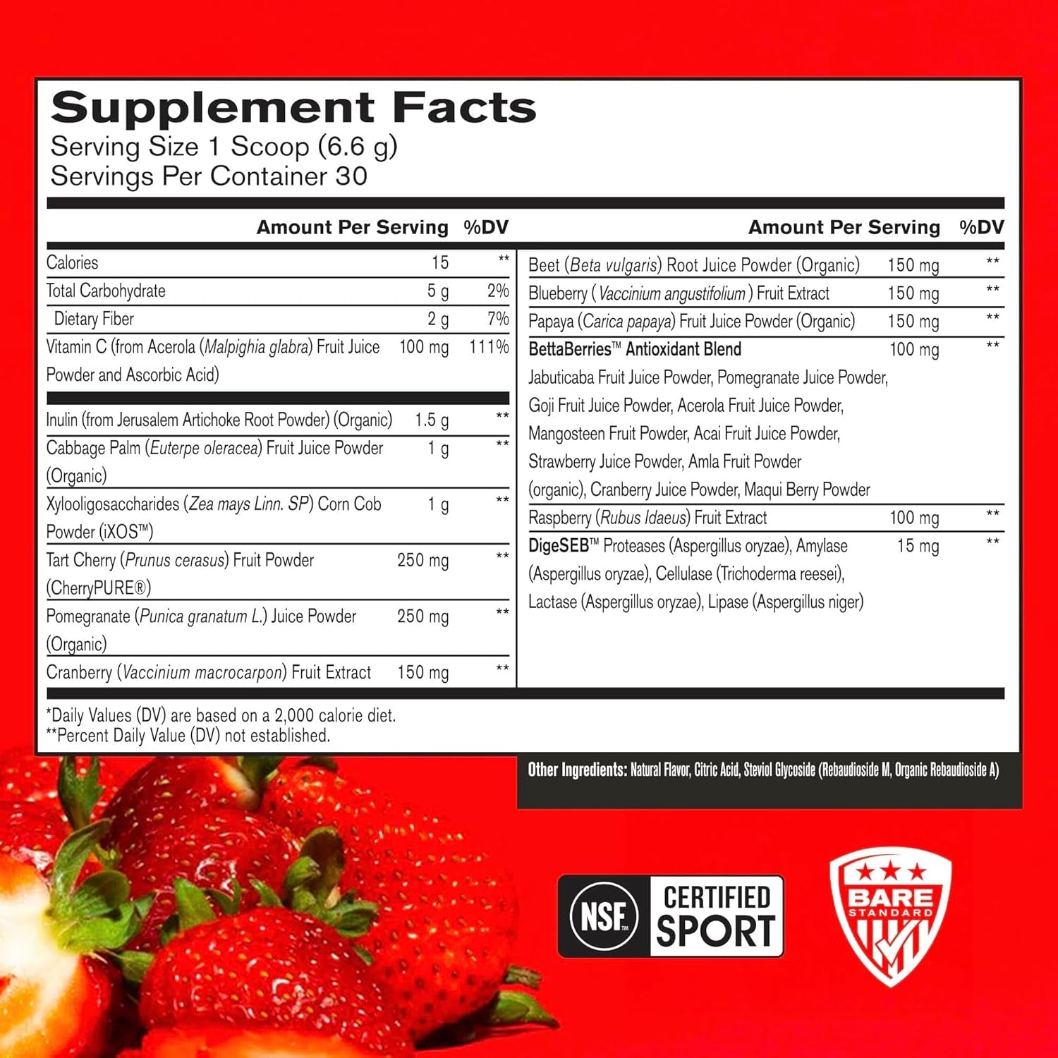 BARE PERFORMANCE NUTRITION, Digestive Enzymes, Antioxidants, Improved Natural Energy, 30 Servings, Strawberry