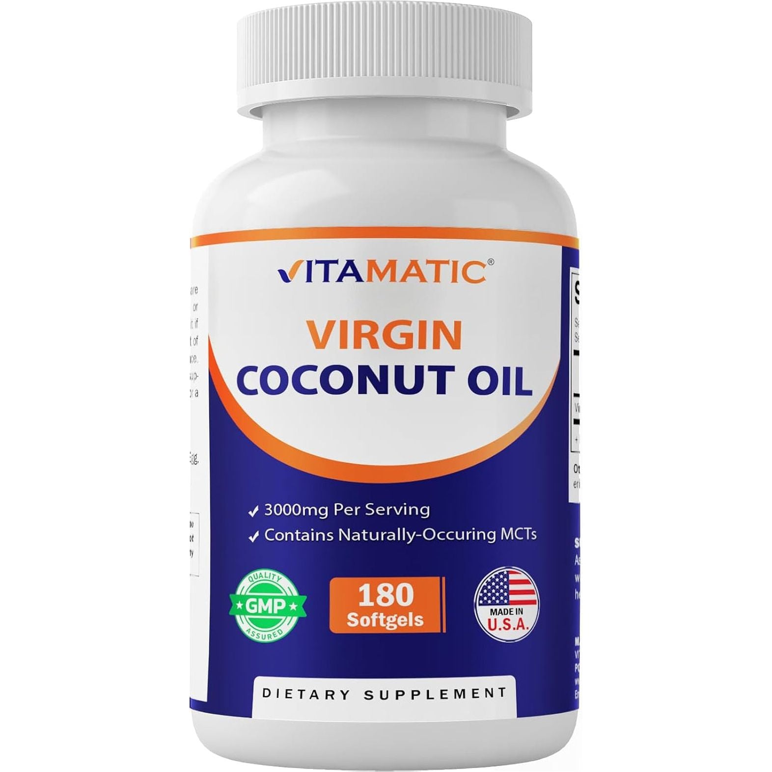 Vitamatic Virgin Coconut Oil Softgels, 3000 Mg per Serving, 60 Servings, 180 Count, Non-Gmo, Gluten Free