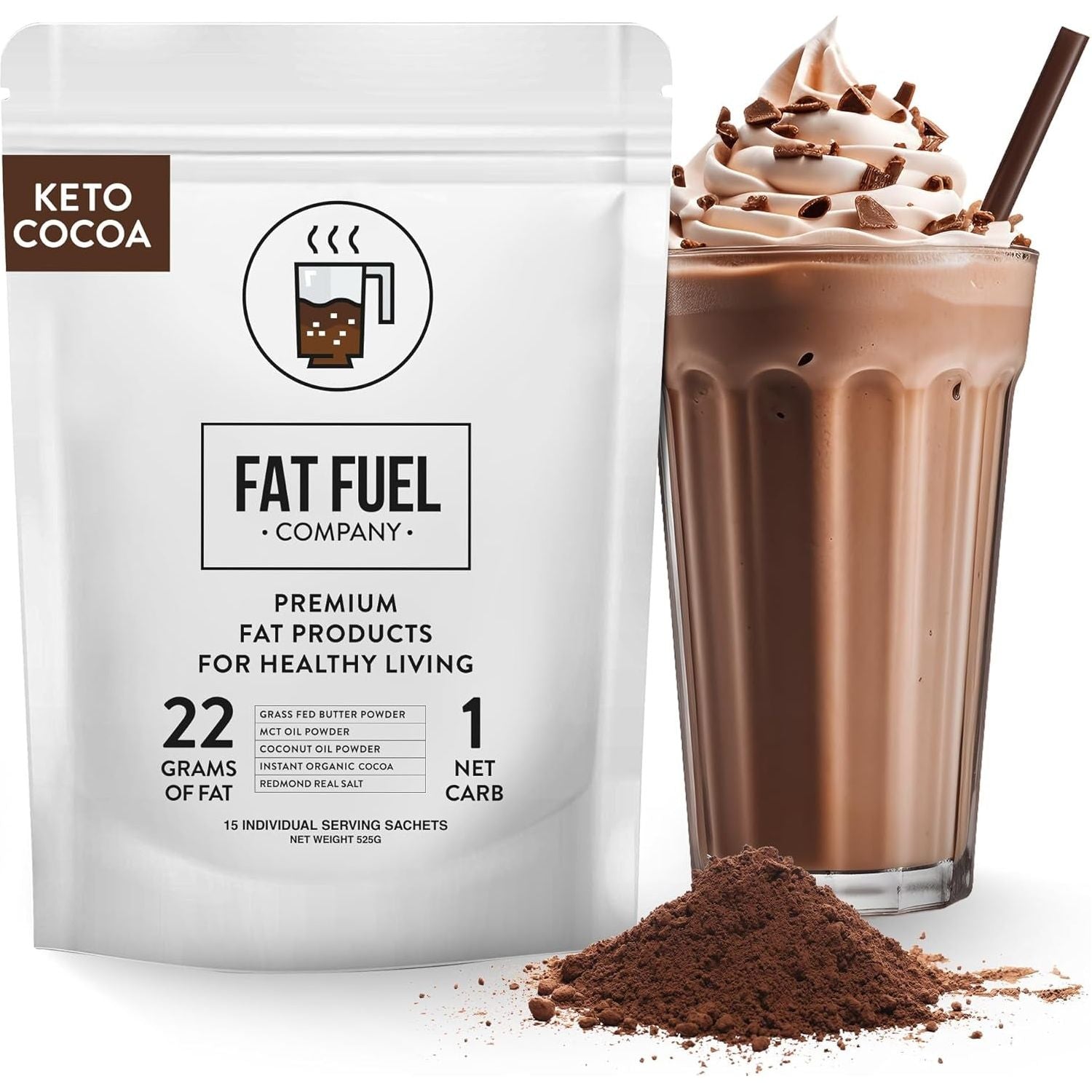 Fat Fuel Keto Cocoa 22G Premium Fats - Instant Organic Cocoa, One Net Carb, a True Meal Replacement - 15 Servings