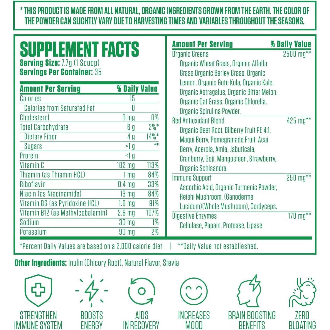 Immuno Greens Powder with Antioxidants, Digestive Enzymes, Immune Support 35 Servings
