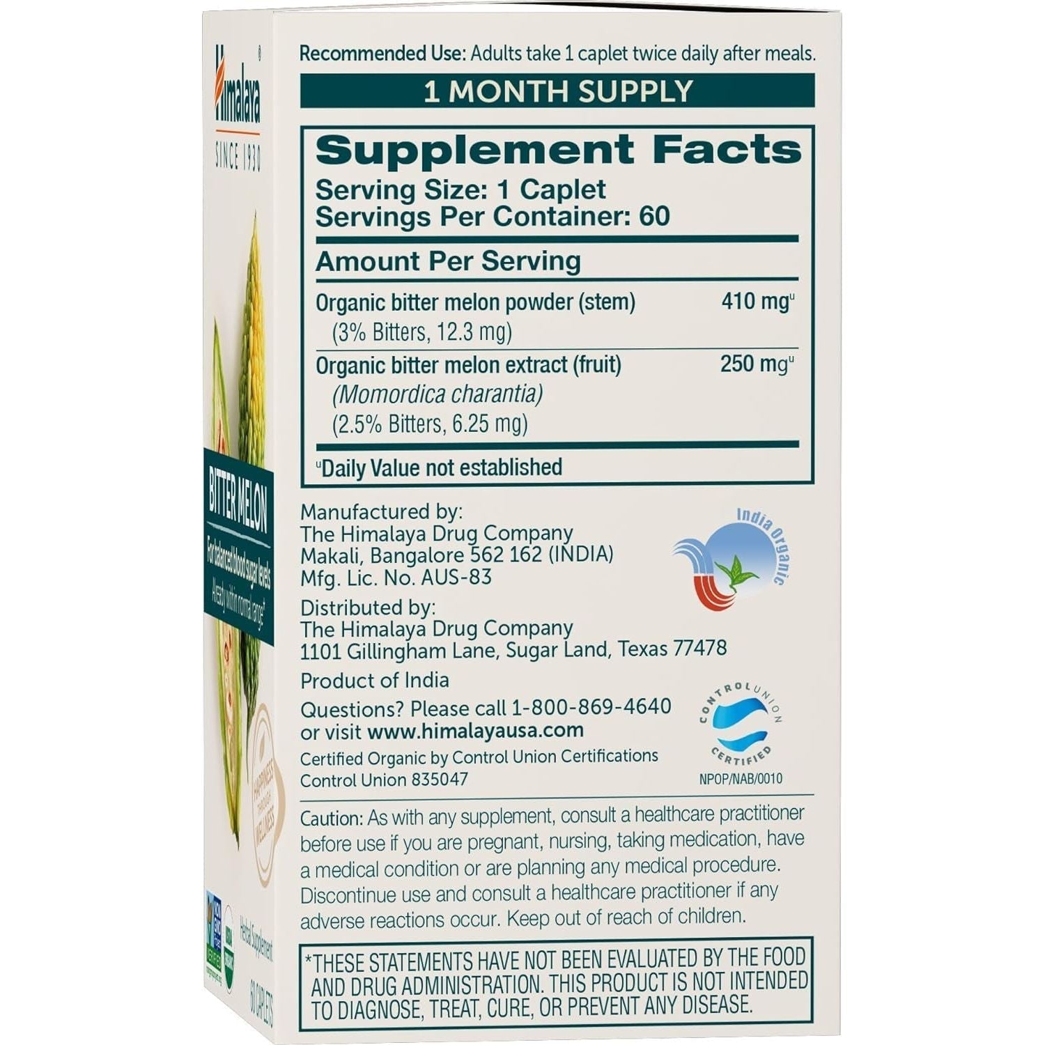 Himalaya Organic Bitter Melon for Glucose Metabolism, 660 Mg, 60 Caplets, 1 Month Supply