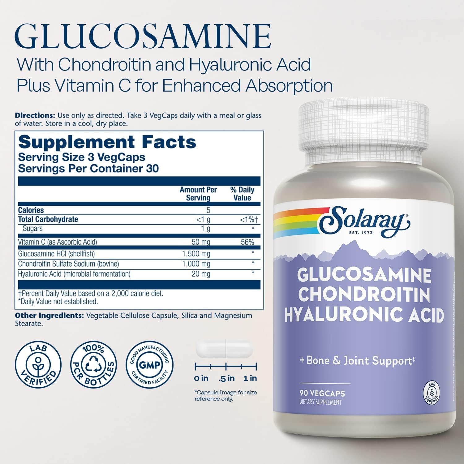 SOLARAY Glucosamine Chondroitin and Hyaluronic Acid, 90 Capsules